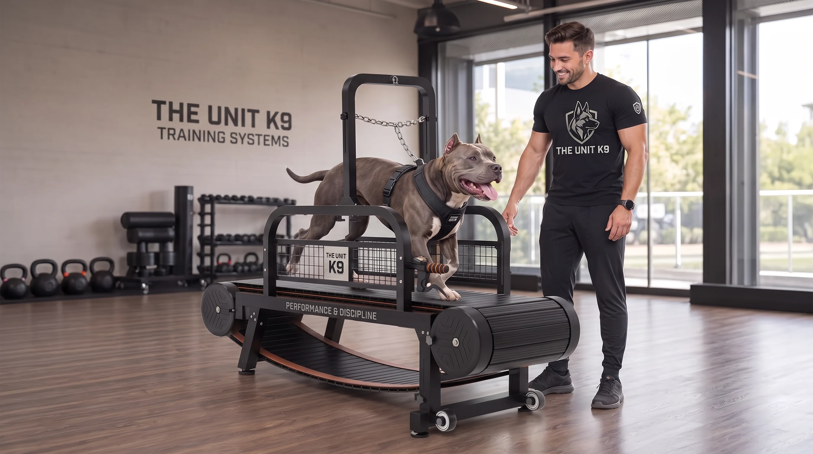 A Unit K9 coach encouraging a dog running on a motor-free canine treadmill during a supervised conditioning session